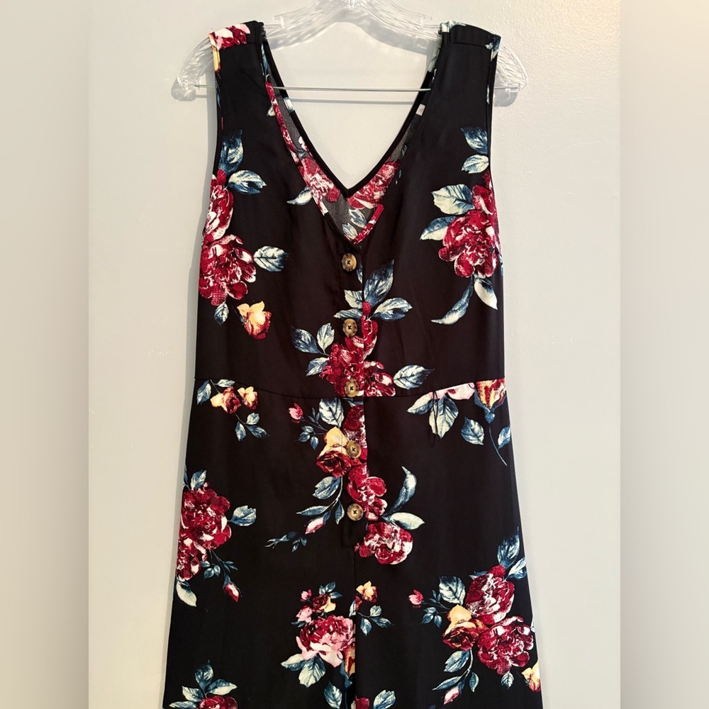 Xhilaration Women's Jumpsuit Large Floral Black Sleeveless V-Neck Button Front - Picture 6 of 16